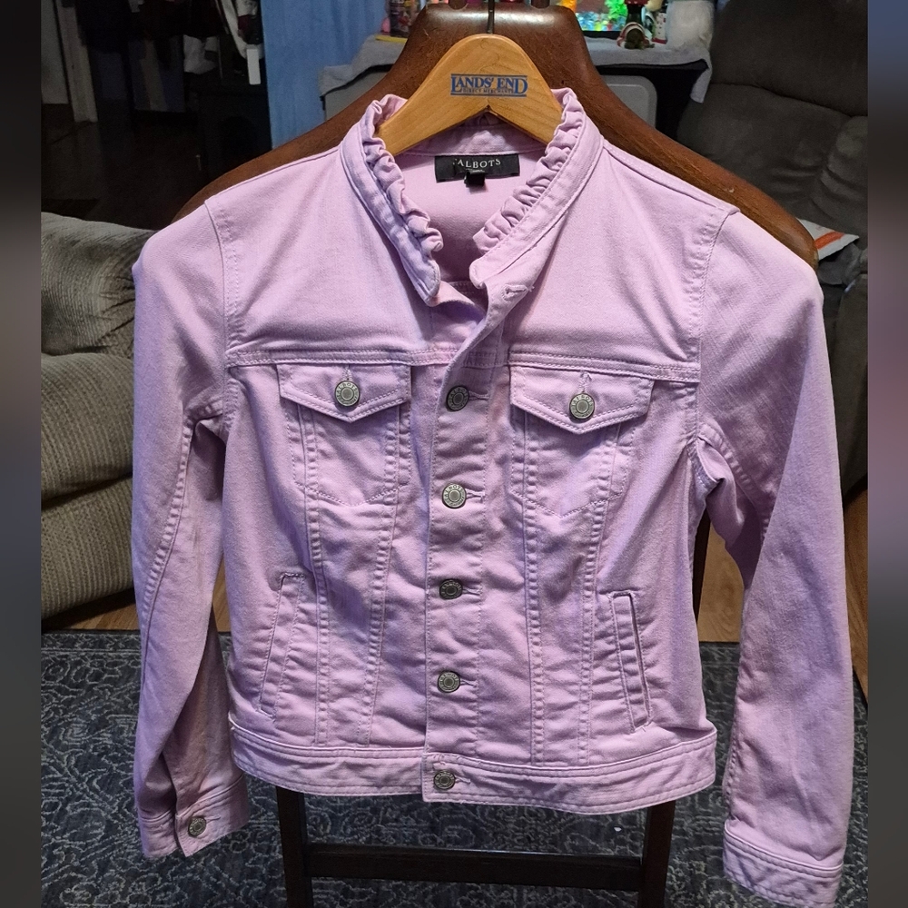 Talbot's Purple Ruffle Neck Denim Jacket - Picture 3 of 11